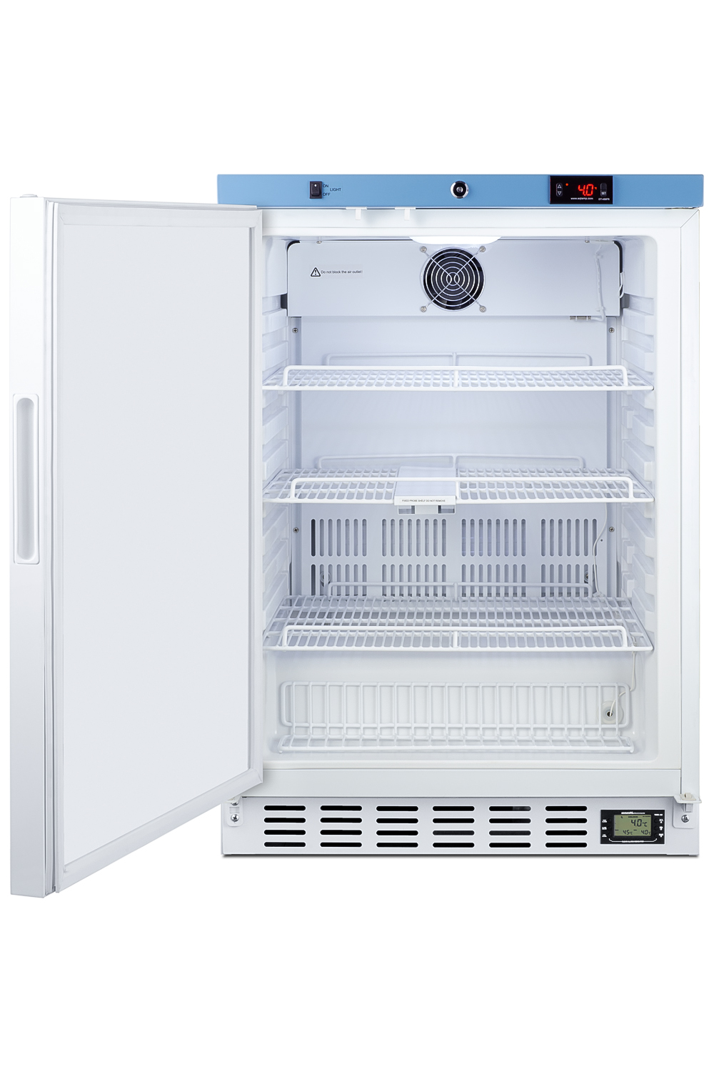 Undercounter healthcare all-refrigerator with self-closing door, front lock, digital controls, and external temperature readout